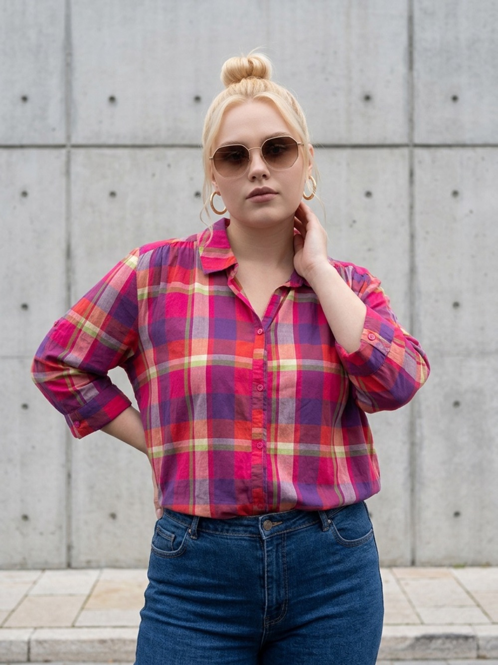 Catherines Pink Purple and Yellow Plaid Button-Down Shirt